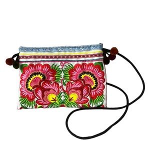 Embroidered Colorful Floral Crossbody Bag with Pom Pom Details